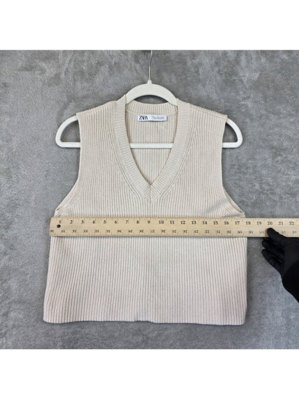 Zara Sweater Vest Womens S Beige Cotton Viscose V Neck Sleeveless Tight Knit - Picture 7 of 9